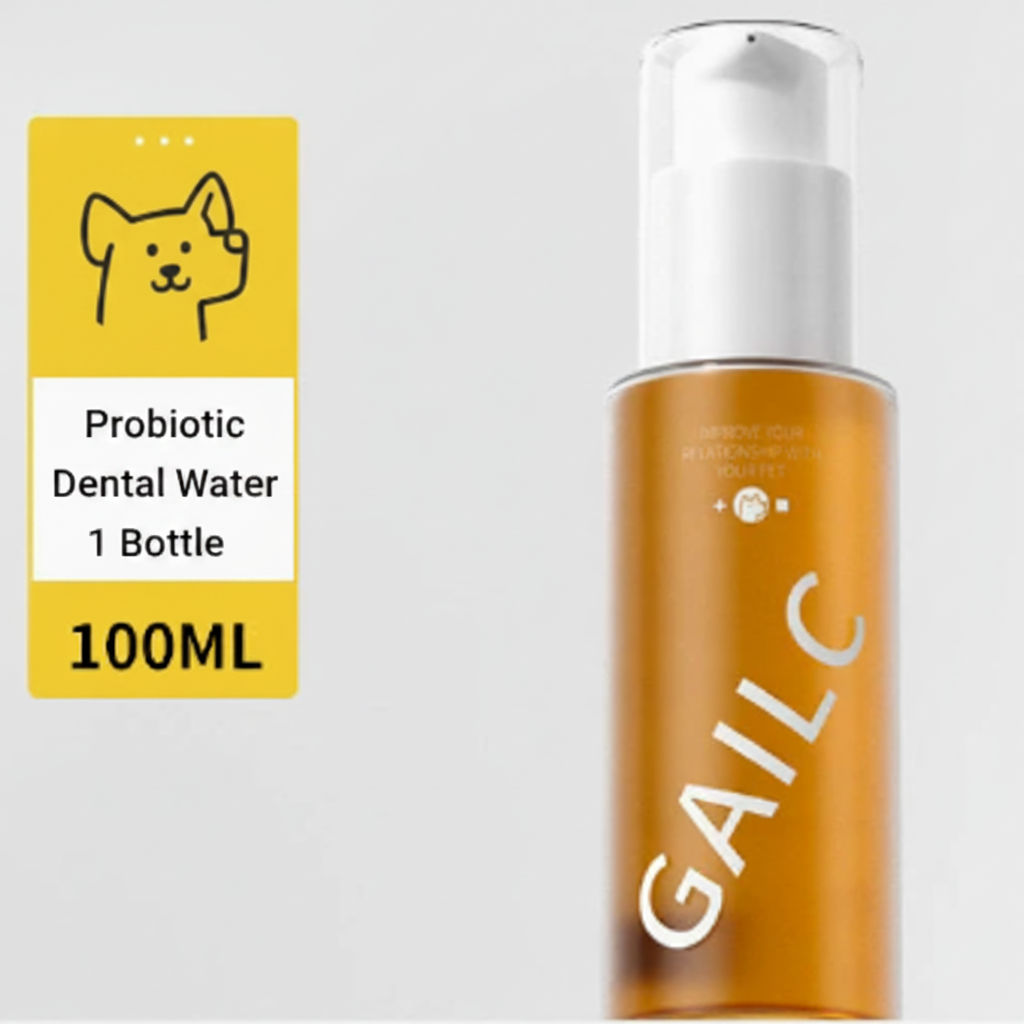 Bottle of GAILC dental rinse with a yellow label on a gray background
