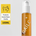 Bottle of GAILC dental rinse with a yellow label on a gray background