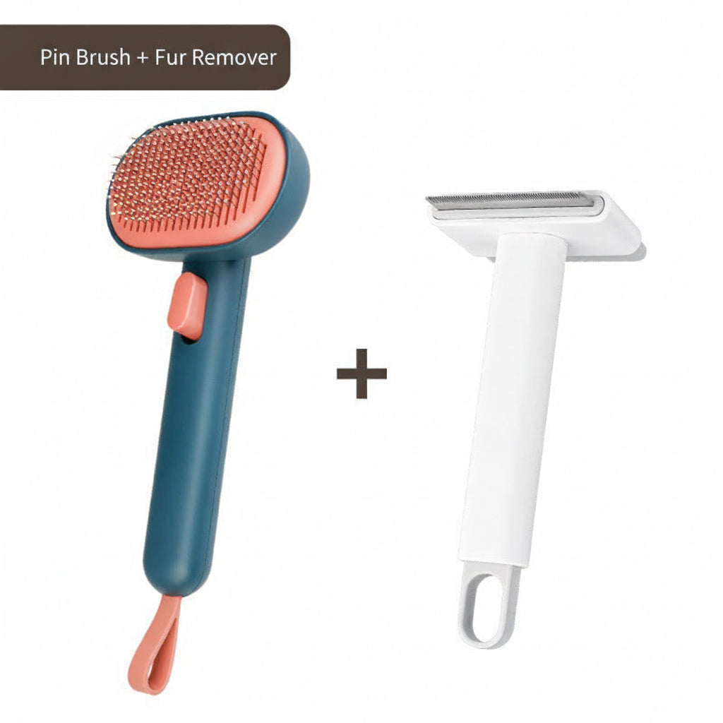 Two grooming tools, one with a pink bristle head and blue handle, the other white with a silver blade, on a white background.