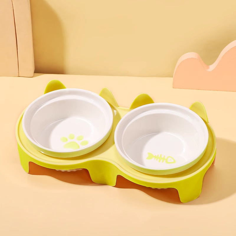 Ceramic cat food bowl, cat bowl, dog bowl, food bowl, pet slanted mouth to protect neck and prevent tipping, double bowl for drinking water.
