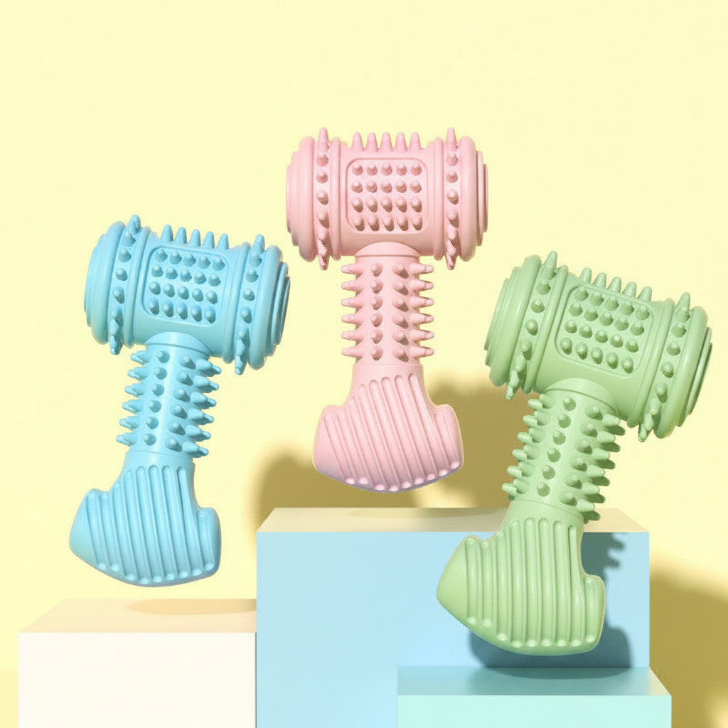 Three colorful dog toys on a light yellow background with text in Chinese.