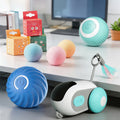 Colorful cat toys on a desk with a computer monitor in the background