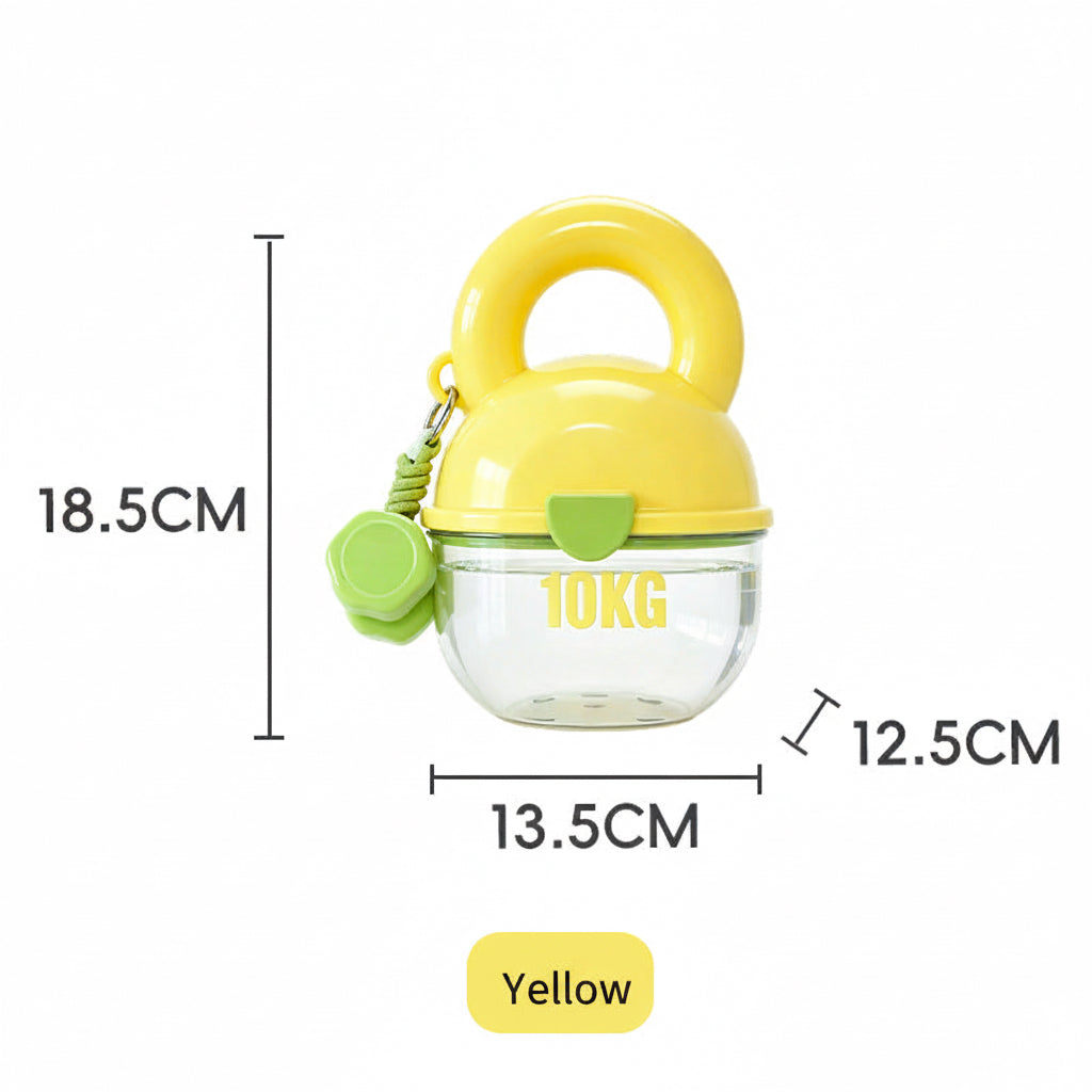 Yellow and green weightlifting dumbbell with measurements on a white background