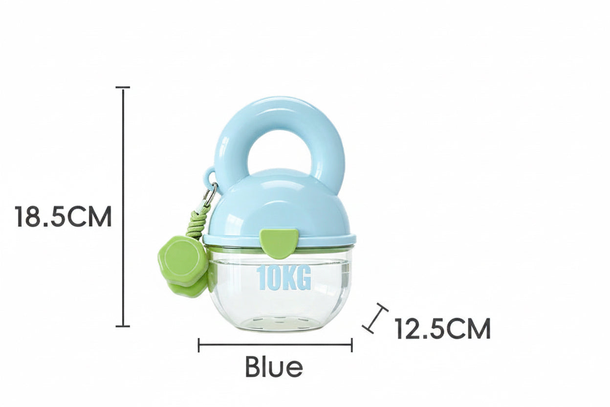 Blue and green baby teether with measurements on a white background