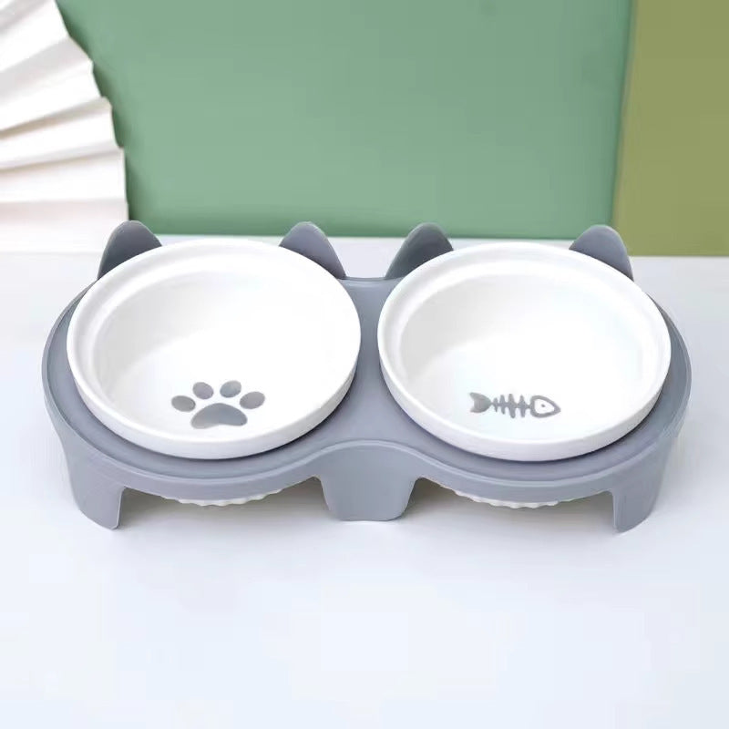 Ceramic cat food bowl, cat bowl, dog bowl, food bowl, pet slanted mouth to protect neck and prevent tipping, double bowl for drinking water.