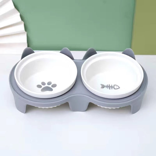 Ceramic cat food bowl, cat bowl, dog bowl, food bowl, pet slanted mouth to protect neck and prevent tipping, double bowl for drinking water.