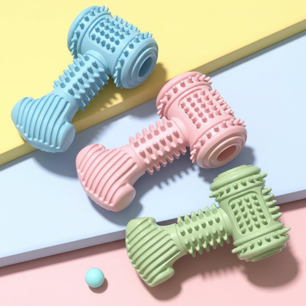Three textured dumbbell-shaped toys in blue, pink, and green on a colorful background.