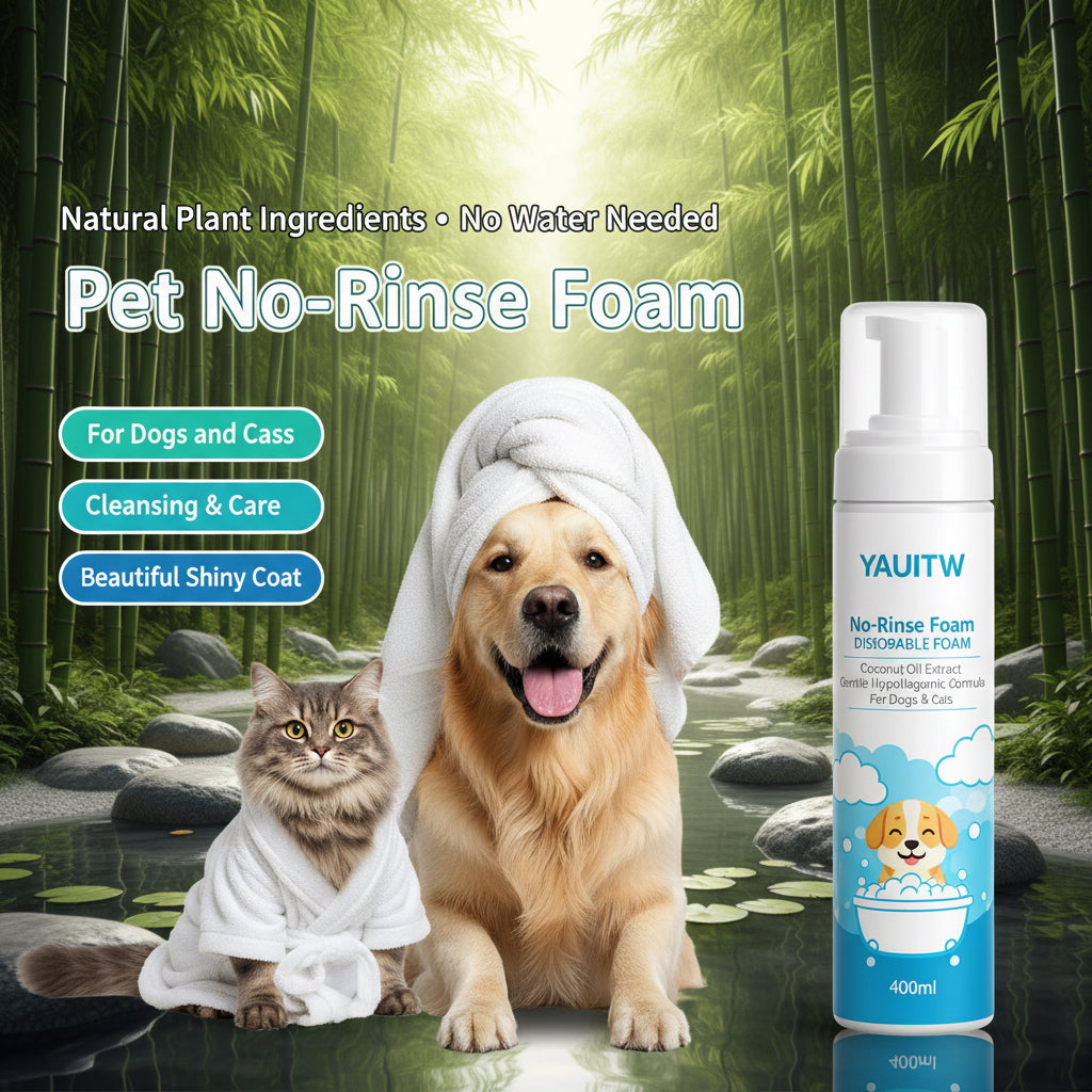 Pet dry shampoo foam mousse, no-rinse shampoo, dog and cat shampoo, long-lasting fragrance.
