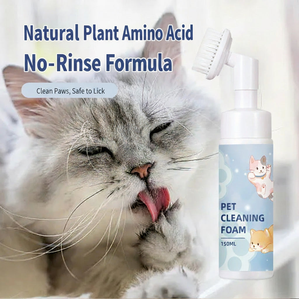 Cat licking its paw next to a bottle of pet cleaning foam with text in Chinese.