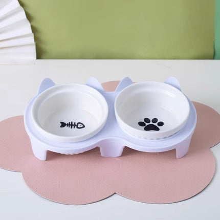 Ceramic cat food bowl, cat bowl, dog bowl, food bowl, pet slanted mouth to protect neck and prevent tipping, double bowl for drinking water.