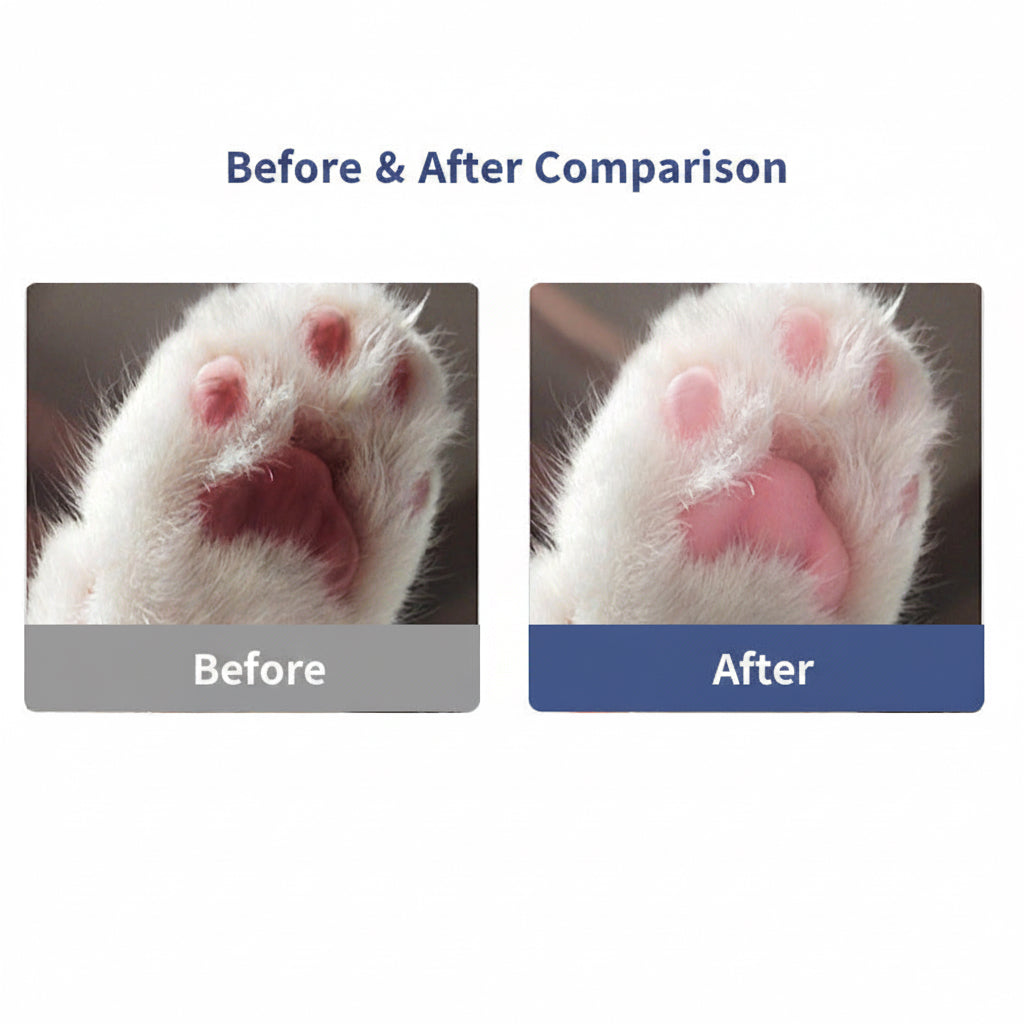 Comparison of a cat's paw before and after using a product, with text indicating 'Before' and 'After'.