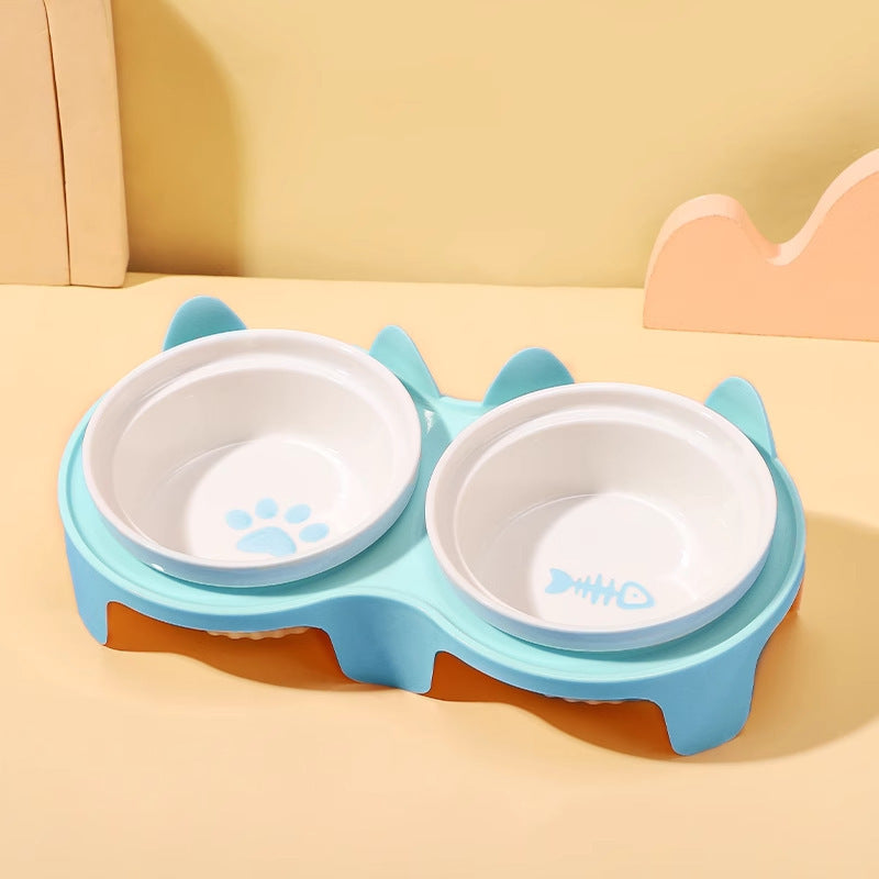 Ceramic cat food bowl, cat bowl, dog bowl, food bowl, pet slanted mouth to protect neck and prevent tipping, double bowl for drinking water.