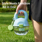 Hand holding a blue and green dumbbell-shaped container on grass with text in the background