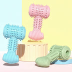 Three colorful dog toys with textured surfaces on a light yellow background.