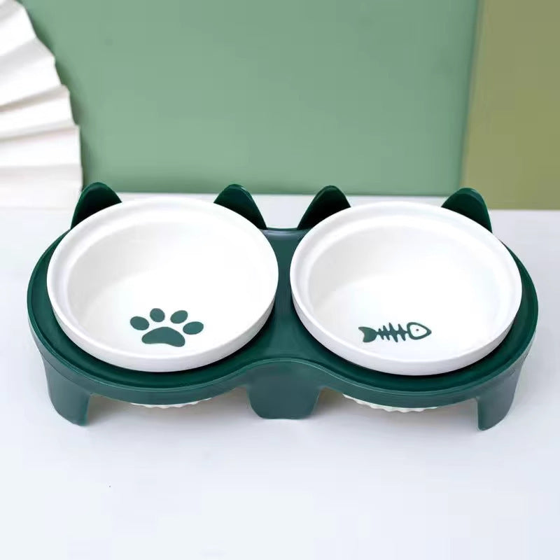 Ceramic cat food bowl, cat bowl, dog bowl, food bowl, pet slanted mouth to protect neck and prevent tipping, double bowl for drinking water.