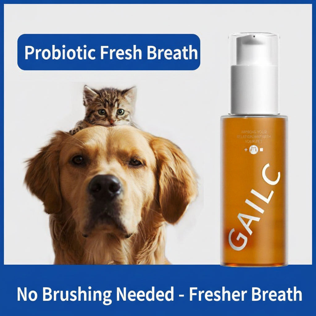 Dog and cat with a bottle of GAILC product on a blue background