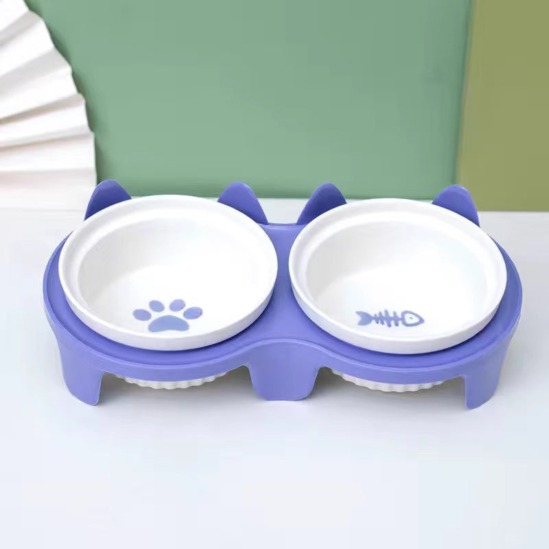 Ceramic cat food bowl, cat bowl, dog bowl, food bowl, pet slanted mouth to protect neck and prevent tipping, double bowl for drinking water.