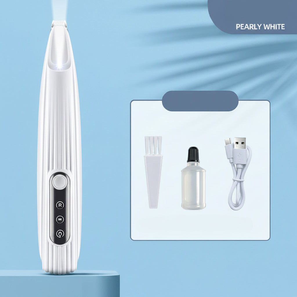 Electric toothbrush with cleaning brush, oil, and USB cable on a blue background