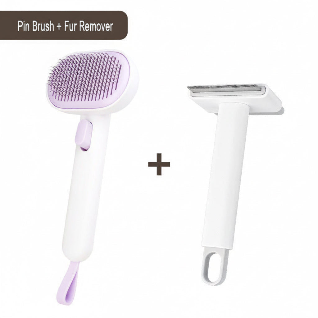 Two grooming tools, one purple and one white, on a white background with text above them.