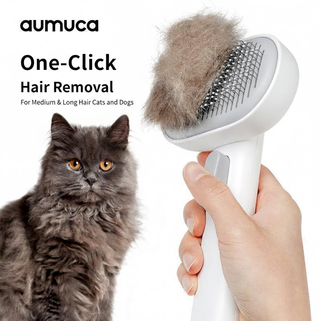 Pet grooming brush with collected fur next to a gray cat, featuring the brand 'aumuca'.
