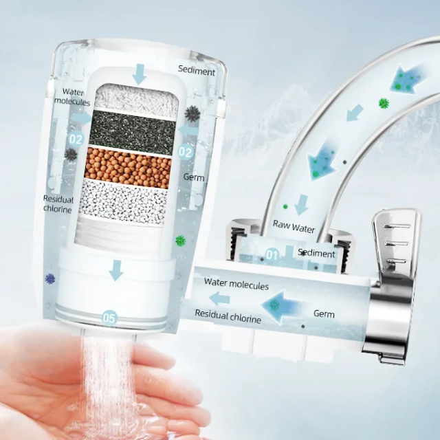 Water filtration system with a faucet and water flowing, showing filtration process.
